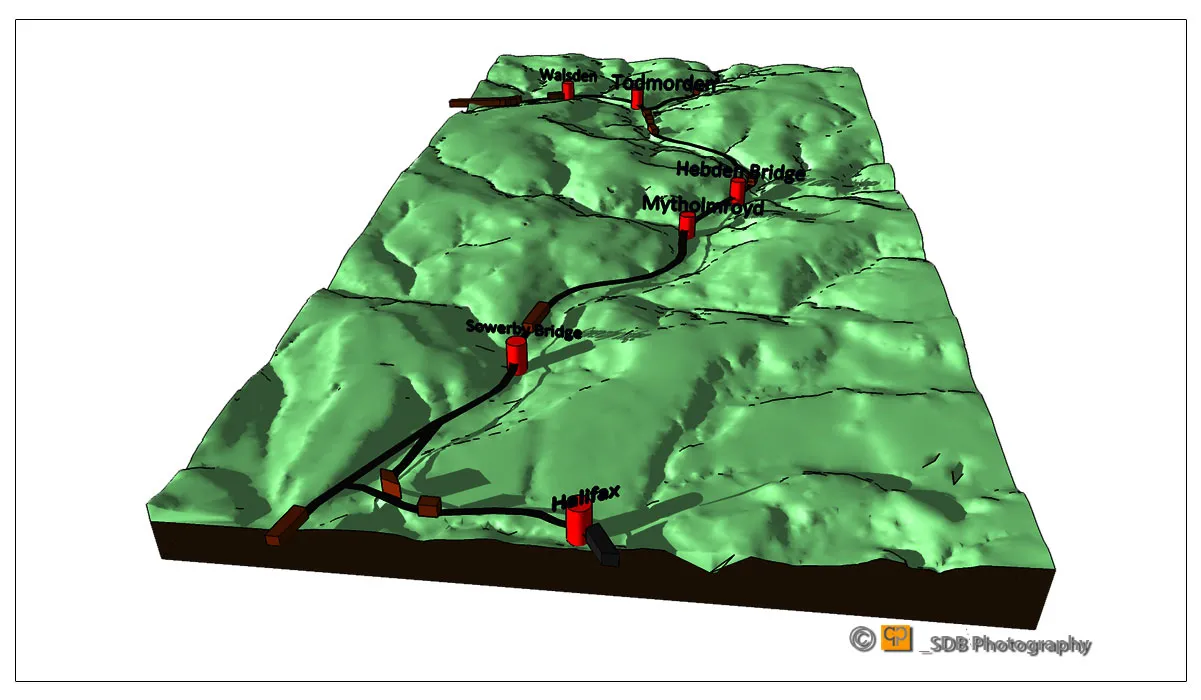 A 3D graphics map of Calderdale valley with railway stations and track in Google sketch up program
